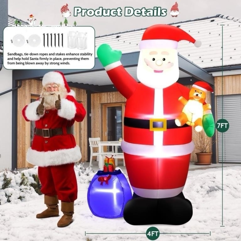 7ft Inflatable Santa Claus with Gift Bag - Red and White